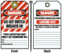 Danger Do Not Switch Breaker On Tag