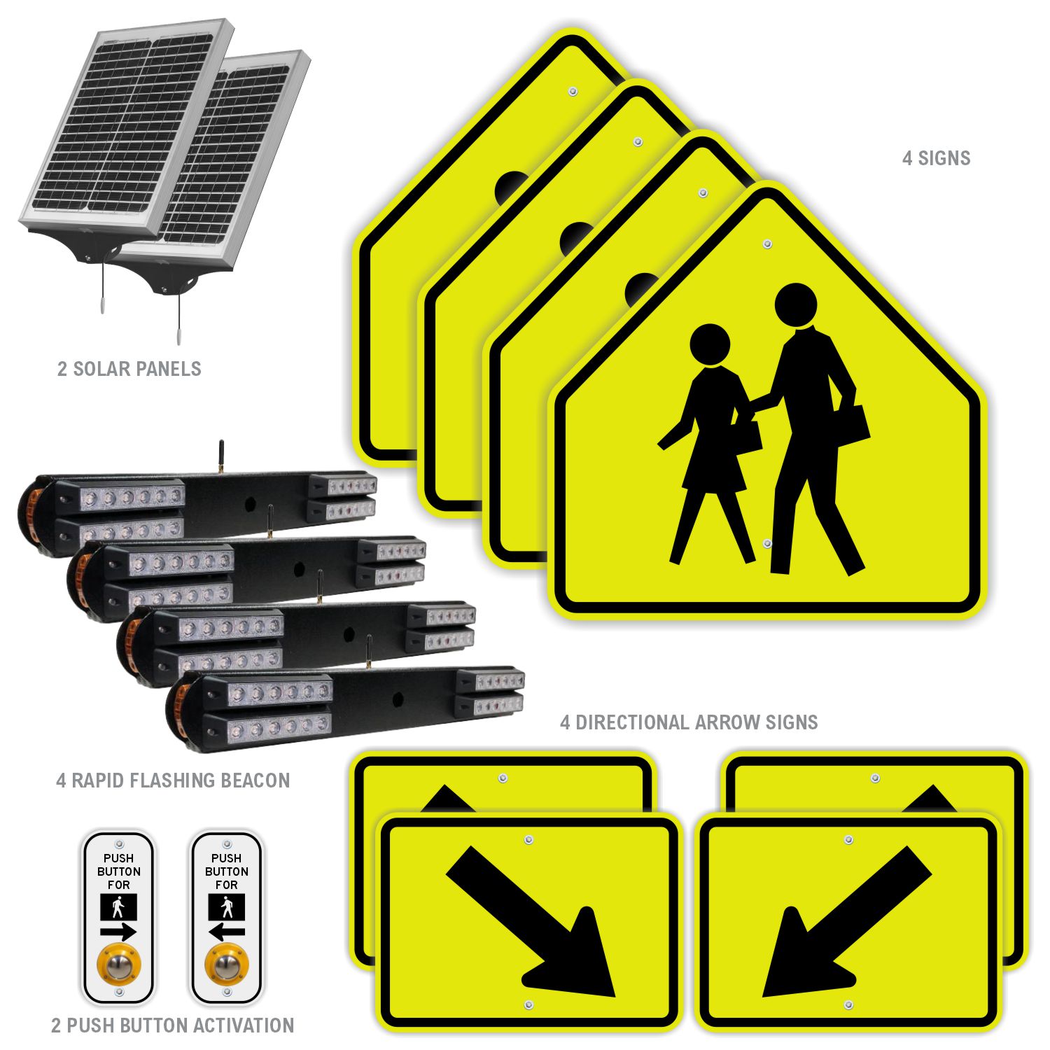 RRFB MUTCD School Crossing System,Double-Sided Solar (4 Beacons),30"Fluorescent Yellow-Green DG Sign
