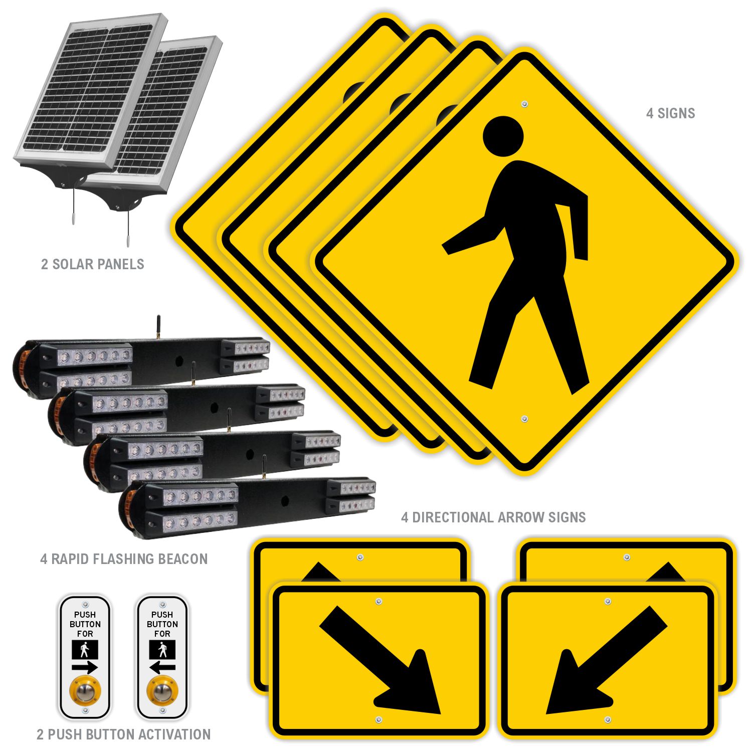 RRFB MUTCD Pedestrian Crosswalk System, Double-Sided Solar (4 Beacons), 30" DG Sign