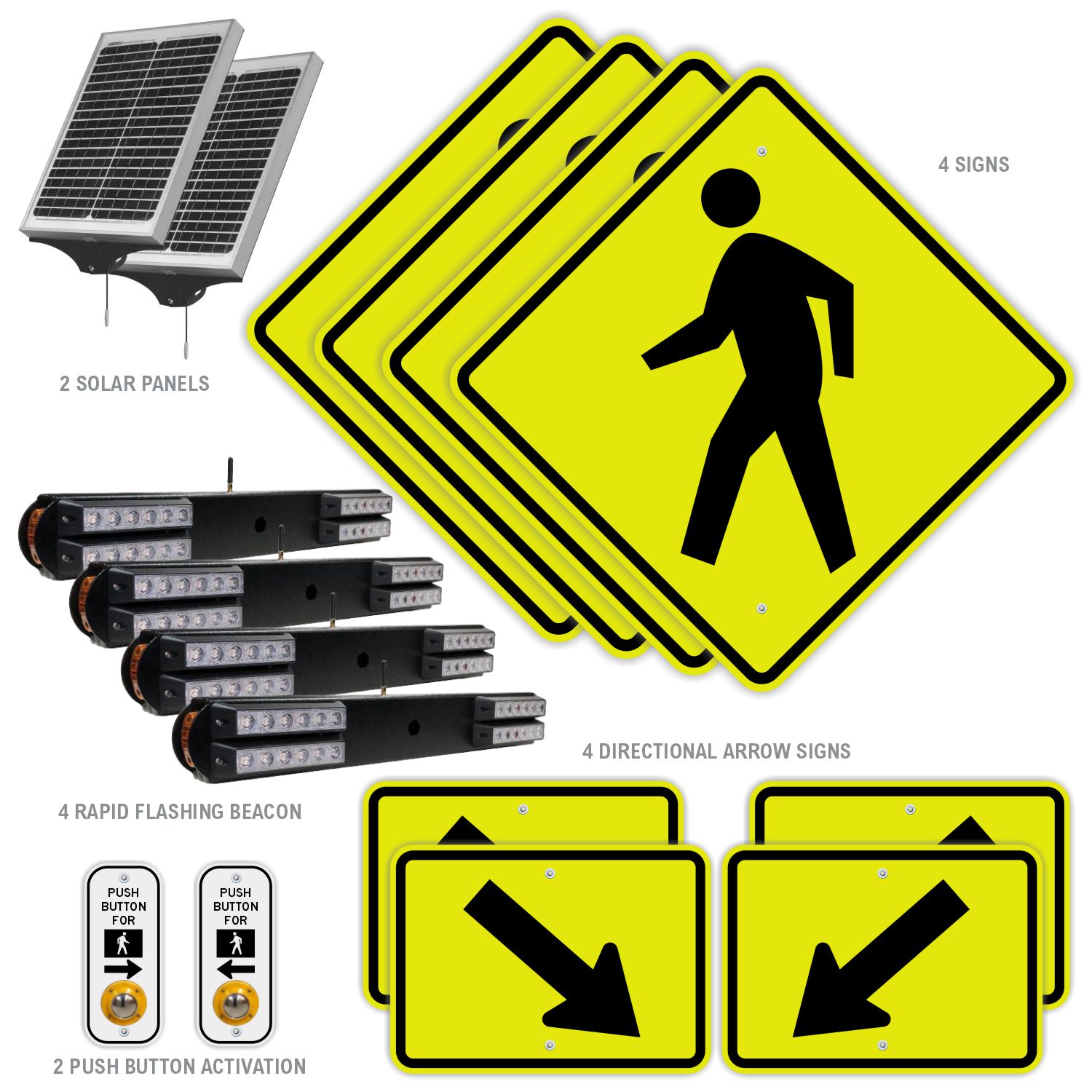 RRFB MUTCD Pedestrian Crosswalk System, Double-Sided Solar, 30" Fluorescent Yellow-Green DG Sign
