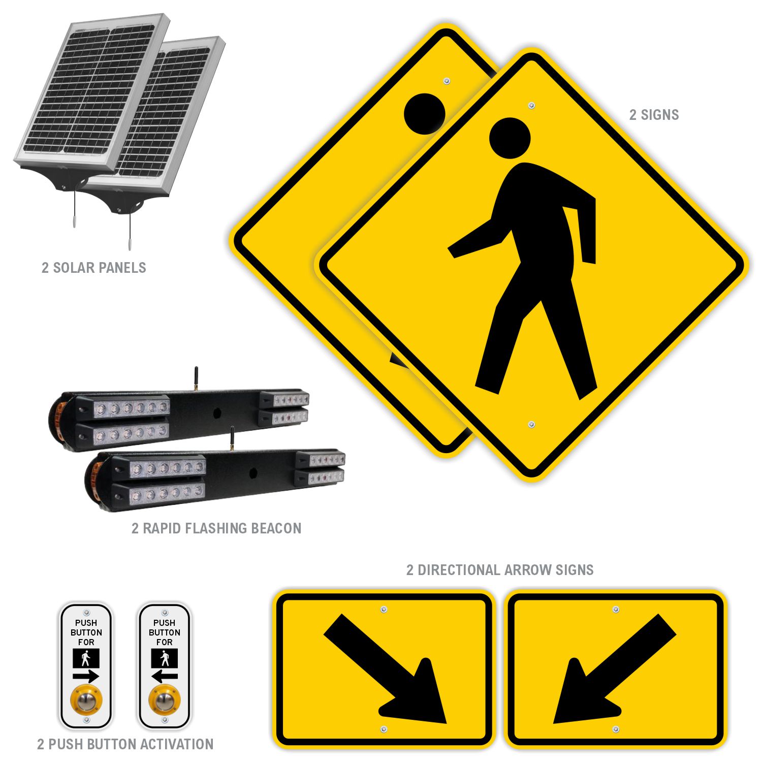 RRFB MUTCD Pedestrian Crosswalk Kit, Single-Sided Solar (2 Beacons), 30" DG Sign