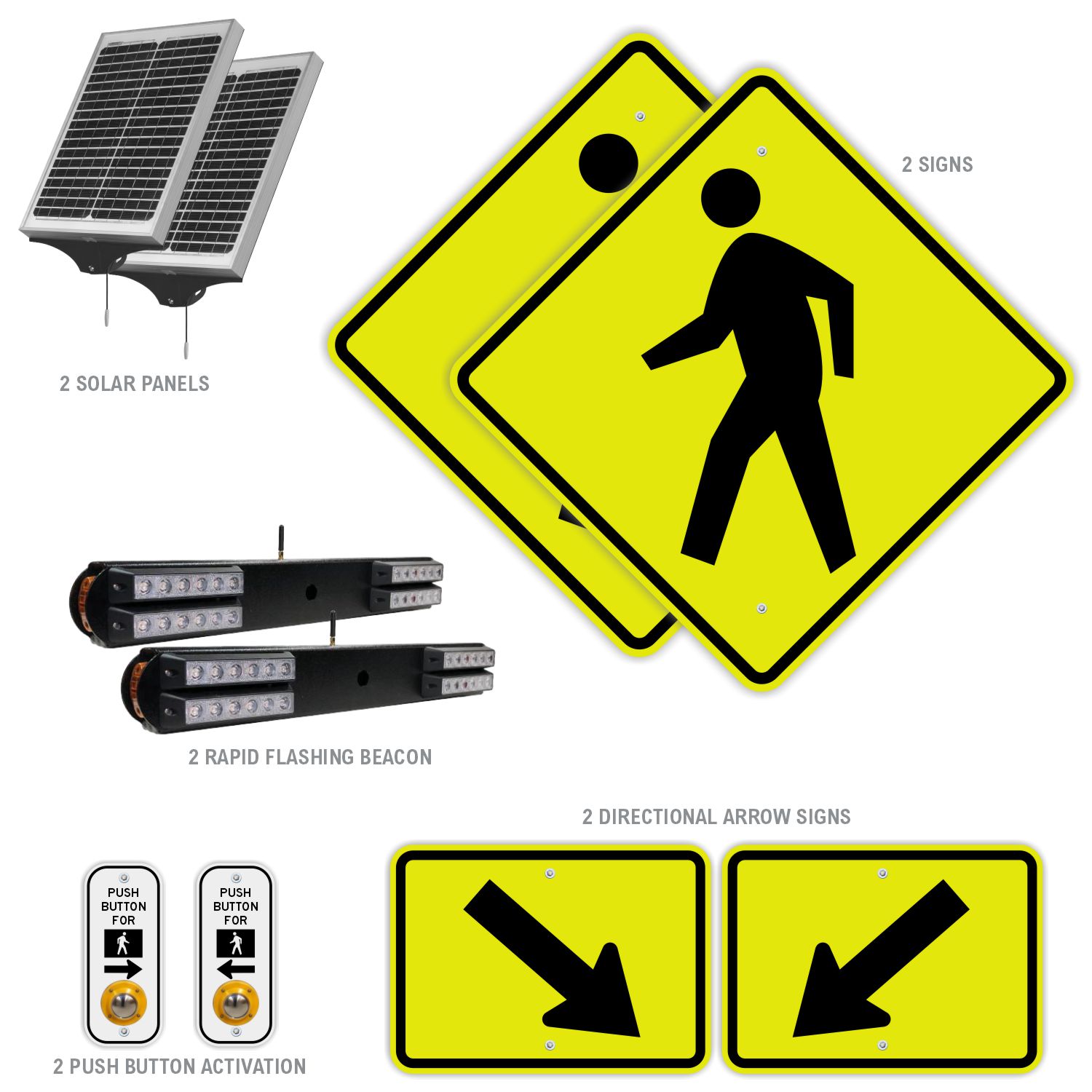 RRFB MUTCD Pedestrian Crosswalk System, Single-Sided Solar, 30" Fluorescent Yellow-Green DG Sign