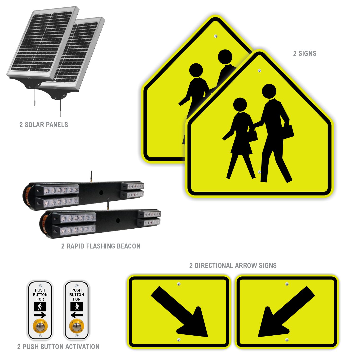 RRFB MUTCD School Crosswalk System,Single-Sided Solar(2 Beacon),30" Fluorescent Yellow-Green DG Sign