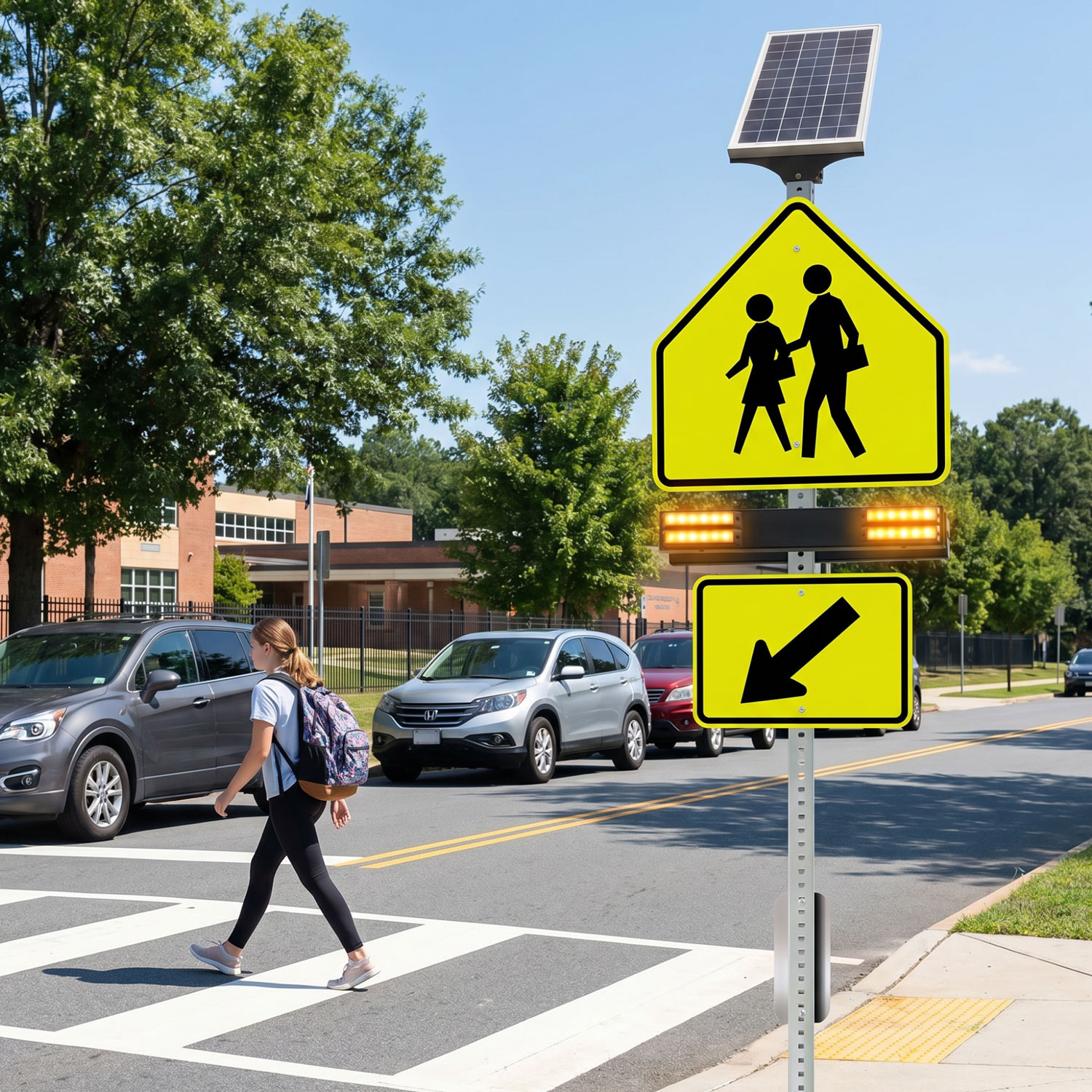 RRFB MUTDC School Crosswalk Kit,Double-Sided Solar (4 Beacons),30" Fluorescent Yellow-Green DG Sign