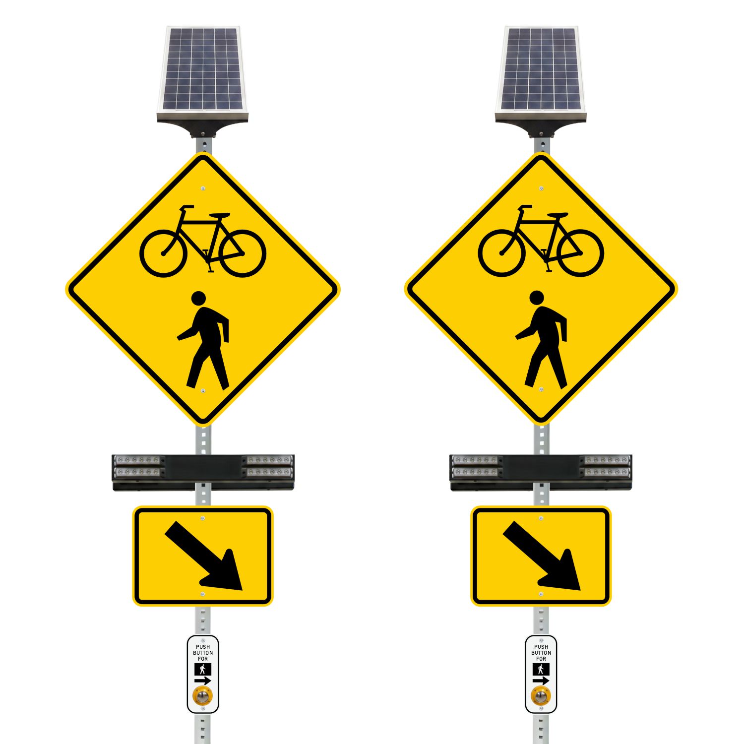 RRFB Bicycle & Pedestrian Crosswalk Kit, Double-Sided Solar, 30" DG Sign with Arrows