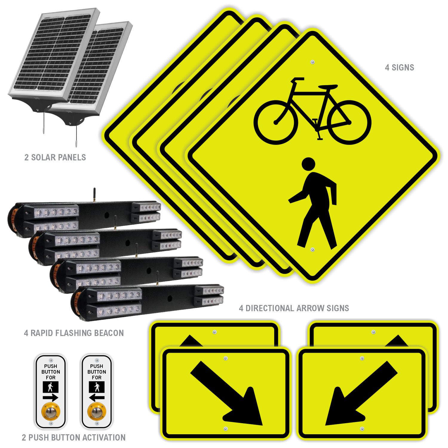 RRFB MUTCD Bike & Pedestrian Crosswalk System,Double-Sided Solar,30"Fluorescent Yellow-Green DG Sign
