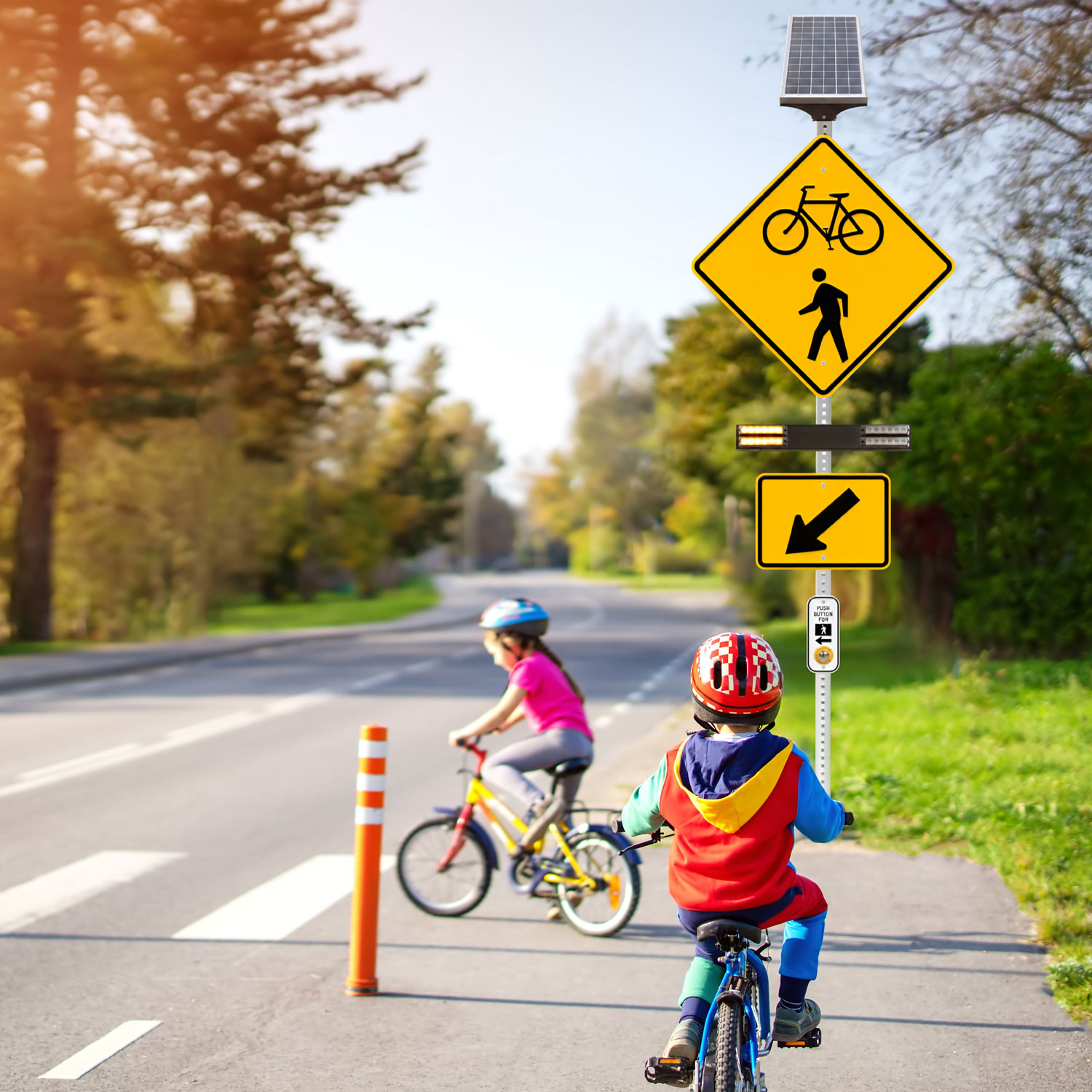 RRFB MUTCD Bike & Pedestrian Crosswalk Kit, Double-Sided Solar, 30" Fluorescent Yellow-Green DG Sign