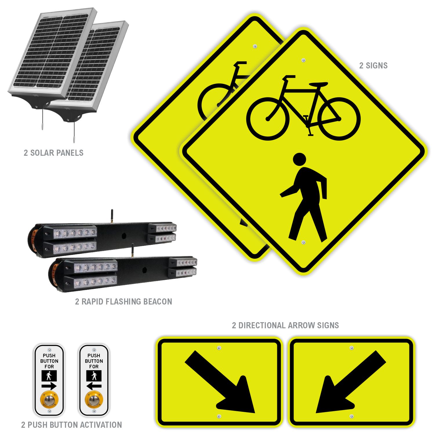 RRFB MUTCD Bike & Pedestrian Crosswalk System,Single-Sided Solar,30"Fluorescent Yellow-Green DG Sign