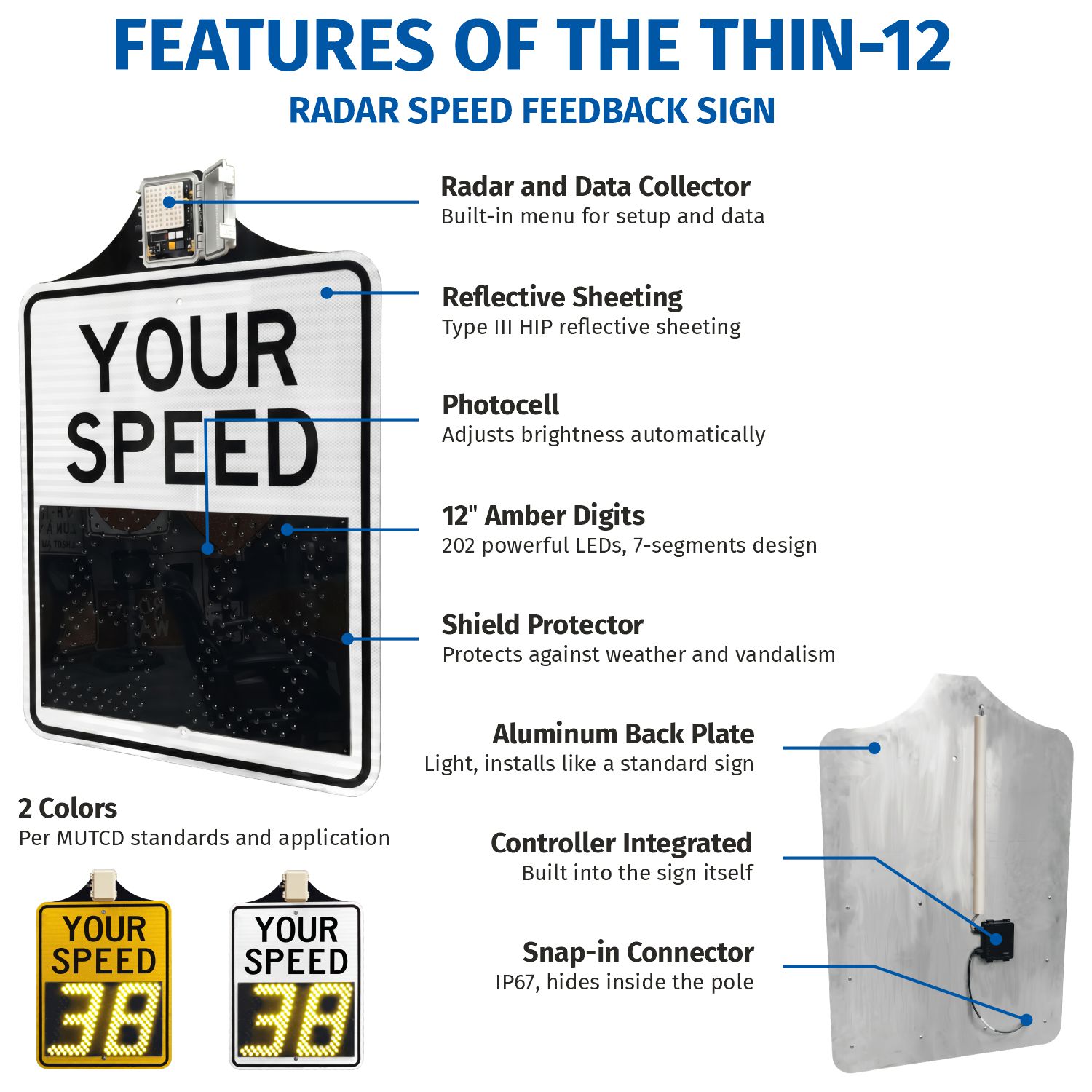 Radar Speed Feedback Sign, 30" White, Solar Powered "Your Speed" LED Display