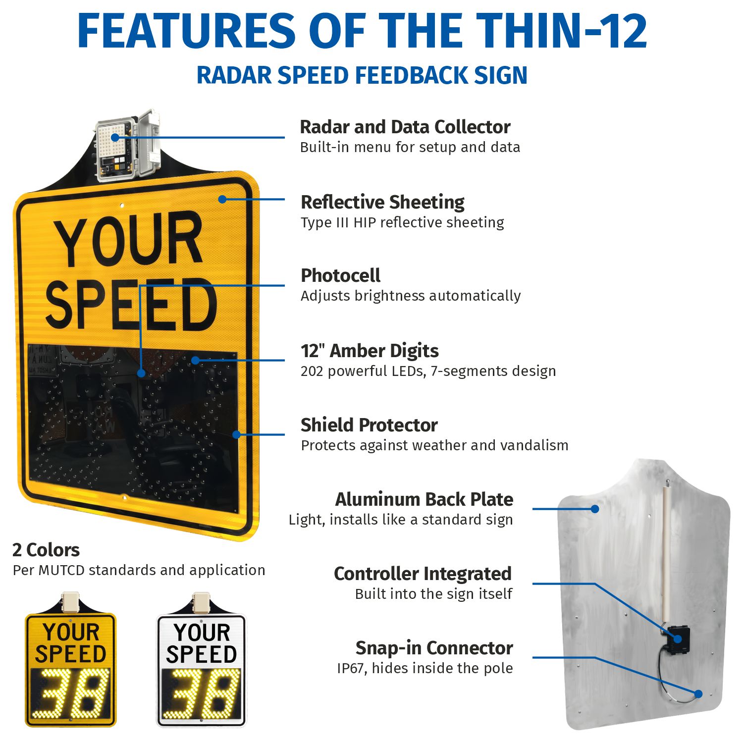 Radar Speed Feedback Sign, 30" Yellow, Solar Powered "Your Speed" LED Display