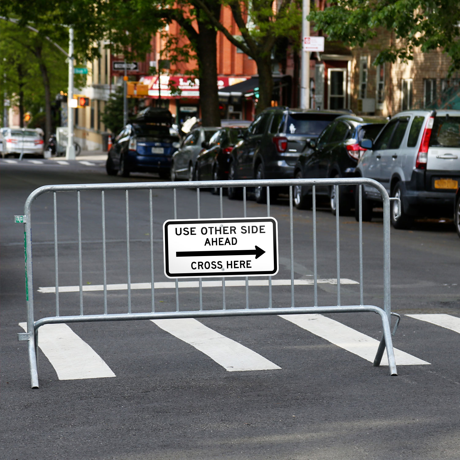 Use Other Side Ahead Cross Here to the Right Sign