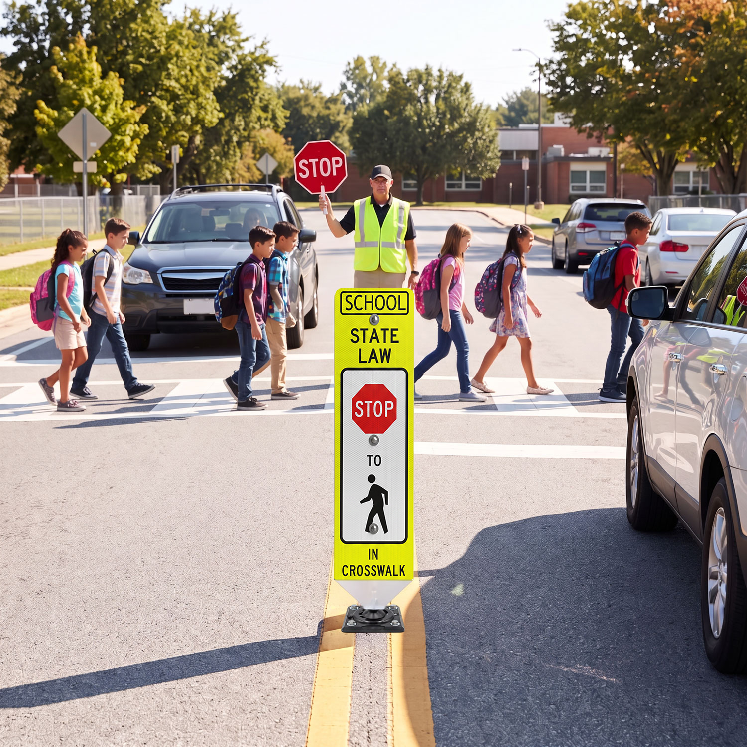 School Stop For Pedestrians In-Street Sign with Fixed Base