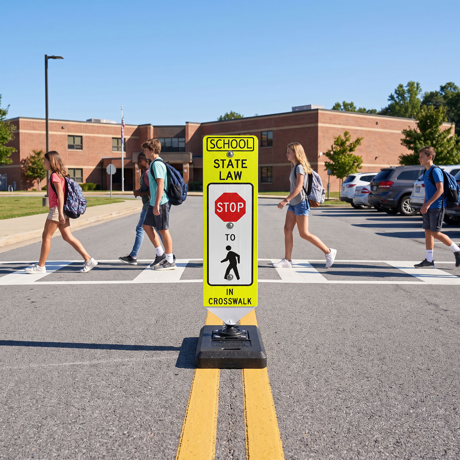 School Stop For Pedestrians In-Street Sign with Portable Base