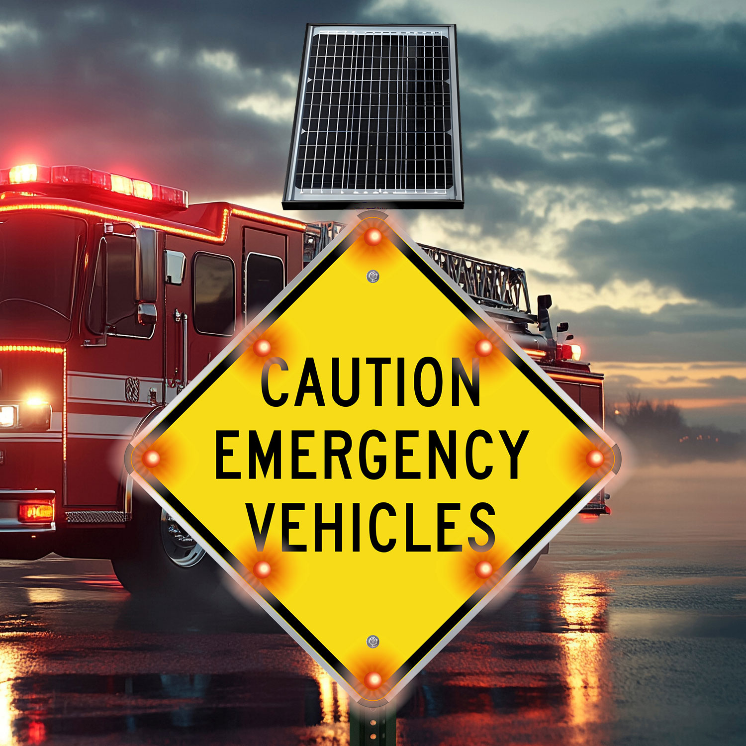 LED Solar Caution Emergency Vehicles Sign In Stock Ships Fast