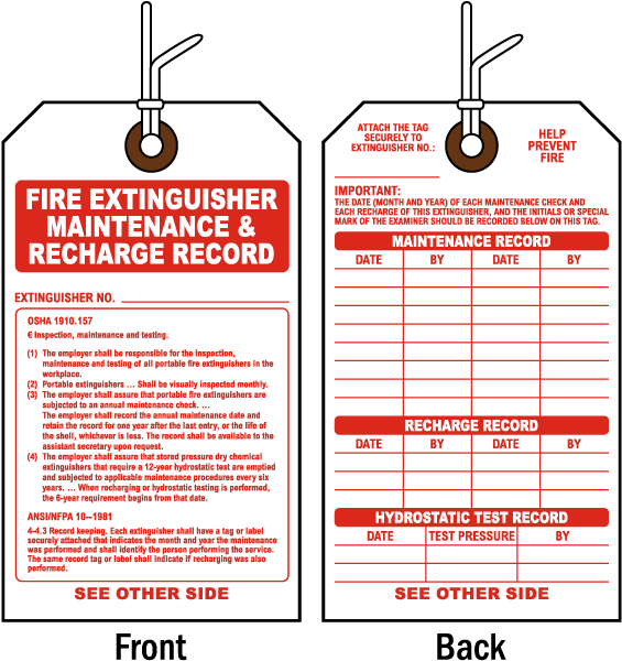 OSHA 1910.157 Fire Extinguisher Maintenance & Recharge Record Tag