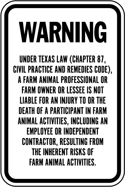 Texas Farm Animal Activities Liability Sign