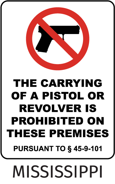 Mississippi Pistols Prohibited Sign