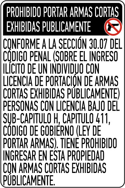 Spanish Texas 30.07 No Open Carry Sign