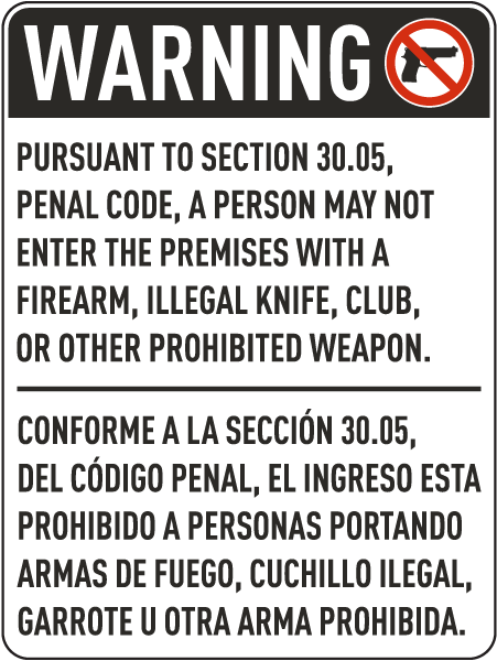 Bilingual Texas 30.05 No Firearms Allowed Sign