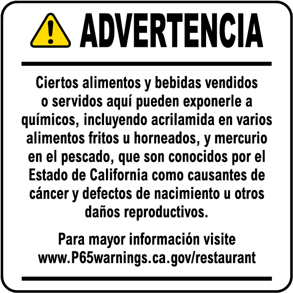 Spanish Food and Non-Alcoholic Beverage Exposure Warning Point of Sale Sign for Restaurants