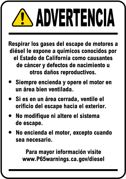 Spanish Diesel Engine Exposure Warning Label