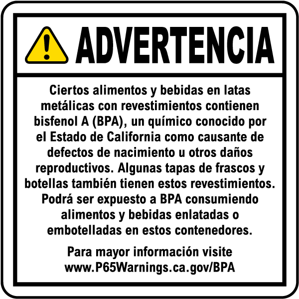 Spanish Bisphenol A Exposure from Canned and Bottled Foods and Beverages Warning Sign