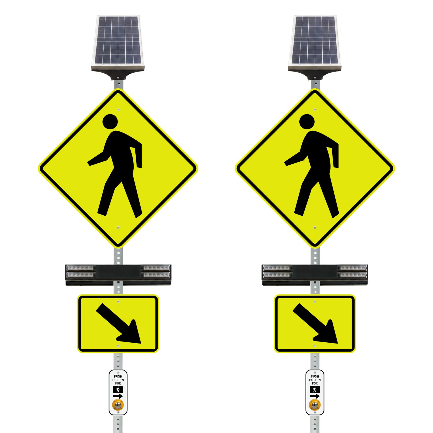 RRFB MUTCD Pedestrian Crosswalk Kit, Double-Sided Solar, 30" Fluorescent Yellow-Green DG Sign