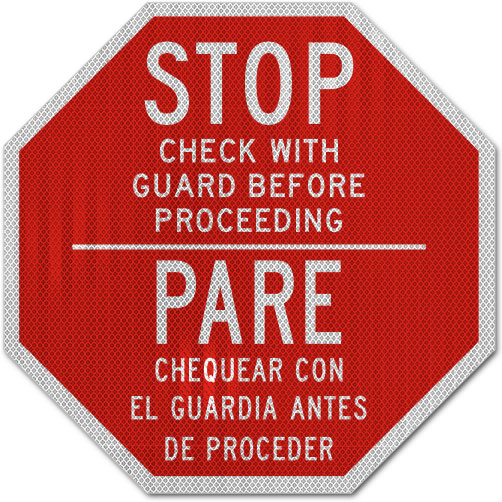Bilingual Stop Check with Guard Before Proceeding Sign