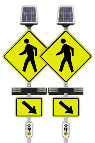RRFB MUTCD Pedestrian Crosswalk Kit, Double-Sided Solar (4 Beacons), 30" Fluorescent Yellow-Green DG Sign