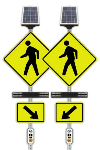 RRFB MUTCD Pedestrian Crosswalk Kit, Single-Sided Solar (2 Beacons), 30" Fluorescent Yellow-Green DG Sign