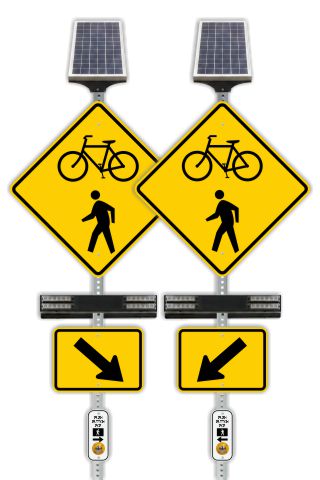 RRFB Bicycle & Pedestrian Crosswalk Kit, Double-Sided Solar (4 Beacons), 30" Diamond Grade Sign with Arrows