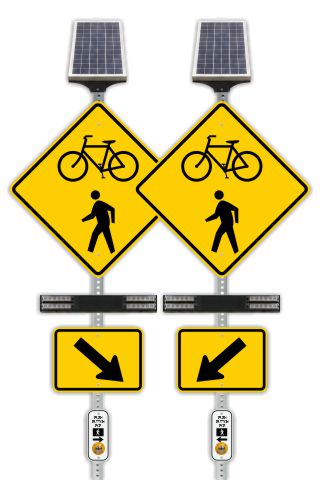 RRFB MUTCD Bicycle & Pedestrian Crosswalk Kit, Single-Sided Solar (2 Beacons), 30" DG Sign