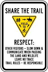 Share The Trail to Bicyclists Pedestrians and Horses Sign