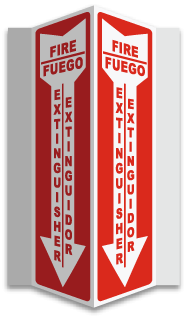 Bilingual Fire Extinguisher 3-Way Sign