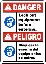 Bilingual Lock Out Equipment Before Entering Sign