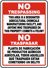 Bilingual Florida Agricultural Chemicals Manufacturing Facility No Trespassing Sign