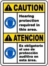 Bilingual Caution Hearing Protection Required Sign