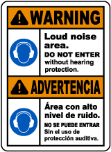 Bilingual Do Not Enter Without Hearing Protection Sign
