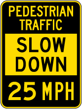 Slow Down Pedestrian Traffic 25 MPH Sign