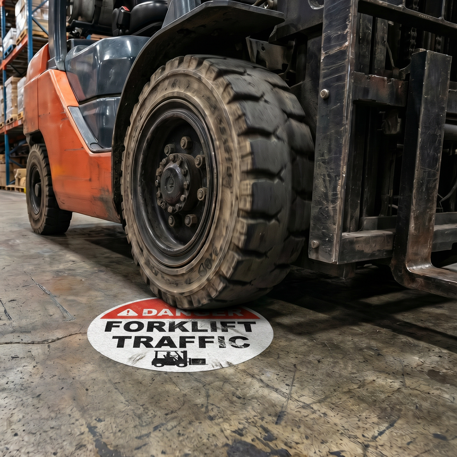 A floor sign being ran over by a vehicle.