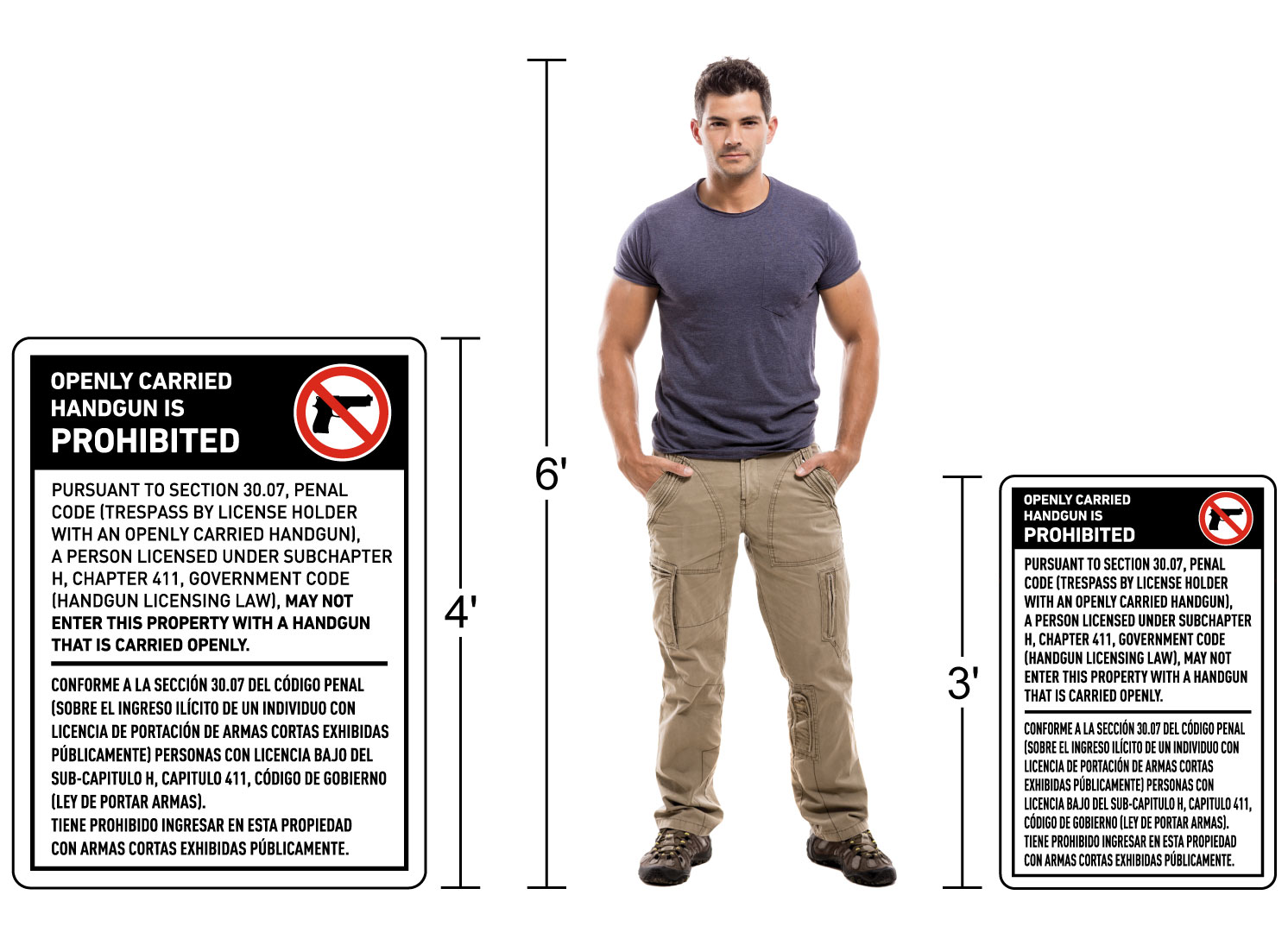 Bilingual Texas 30.07 No Openly Carried Handguns Sign Size Reference