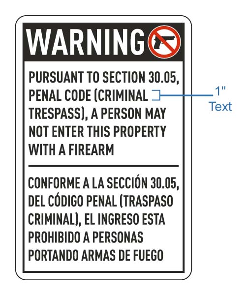 Bilingual Texas Texas 30.05 No Firearms Allowed Signs