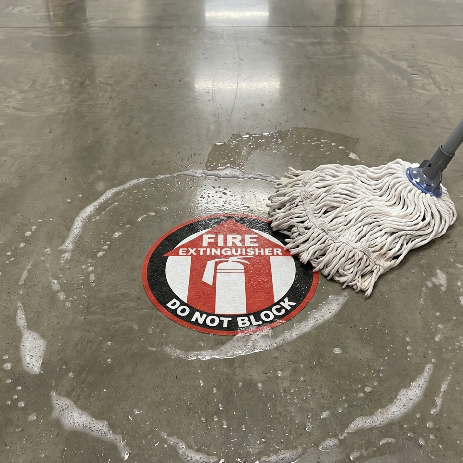 A floor sign being cleaned by a mop.