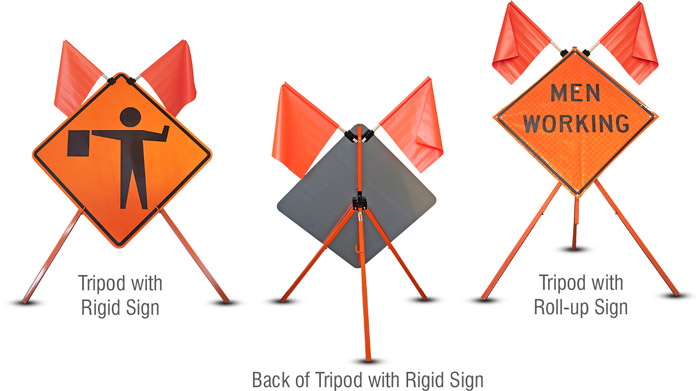 Tripod stand with roll-up and rigid signs